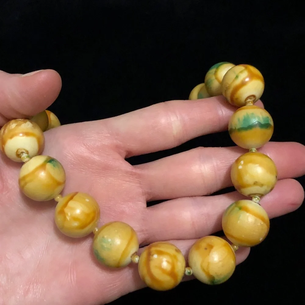 Vintage Kid’s Yellow-Tan and Green Wooden Beaded Necklace